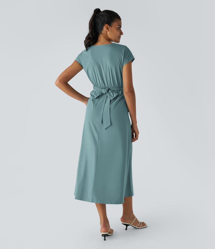 Elara Wrap Dress – Elegant Midi with V-Neckline & High Waist