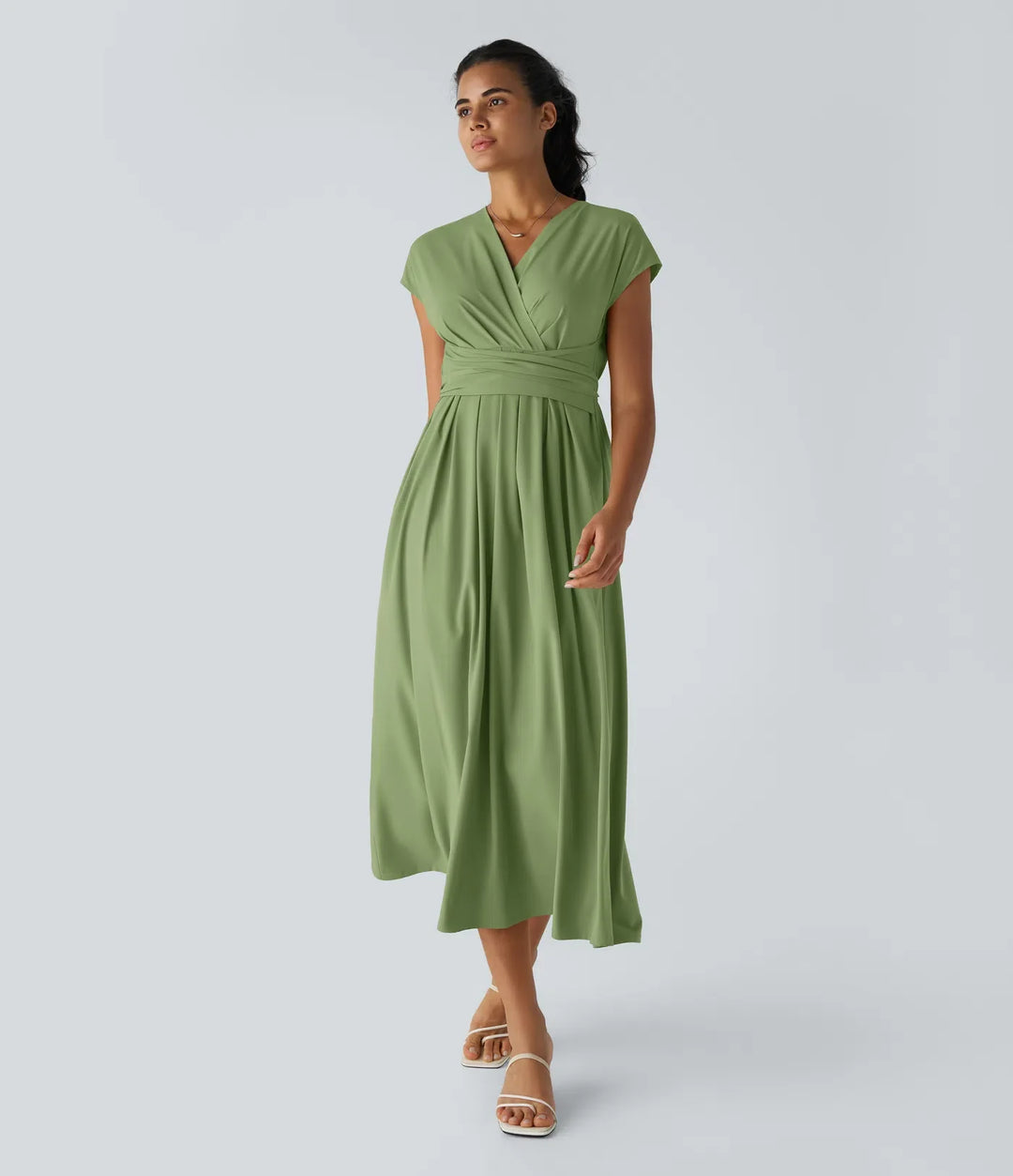 Elara Wrap Dress – Elegant Midi with V-Neckline & High Waist