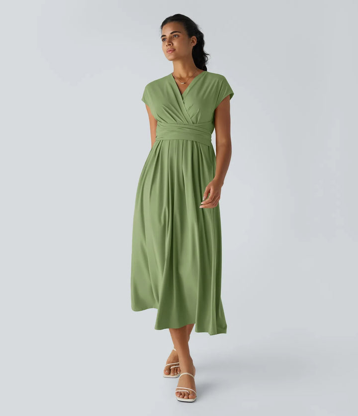 Elara Wrap Dress – Elegant Midi with V-Neckline & High Waist
