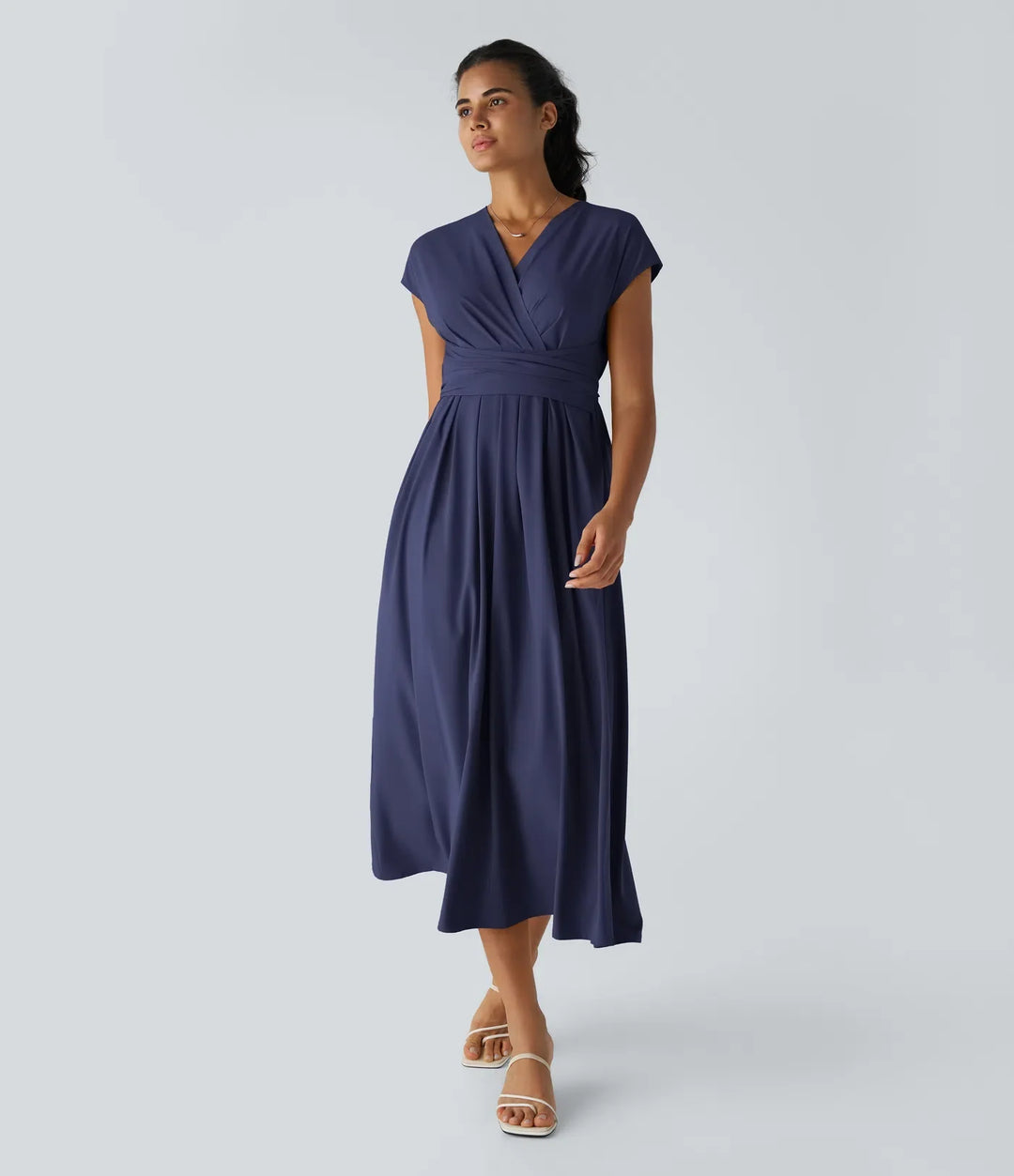 Elara Wrap Dress – Elegant Midi with V-Neckline & High Waist
