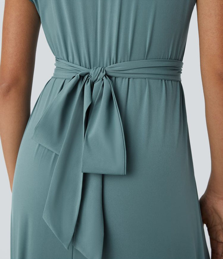 Elara Wrap Dress – Elegant Midi with V-Neckline & High Waist