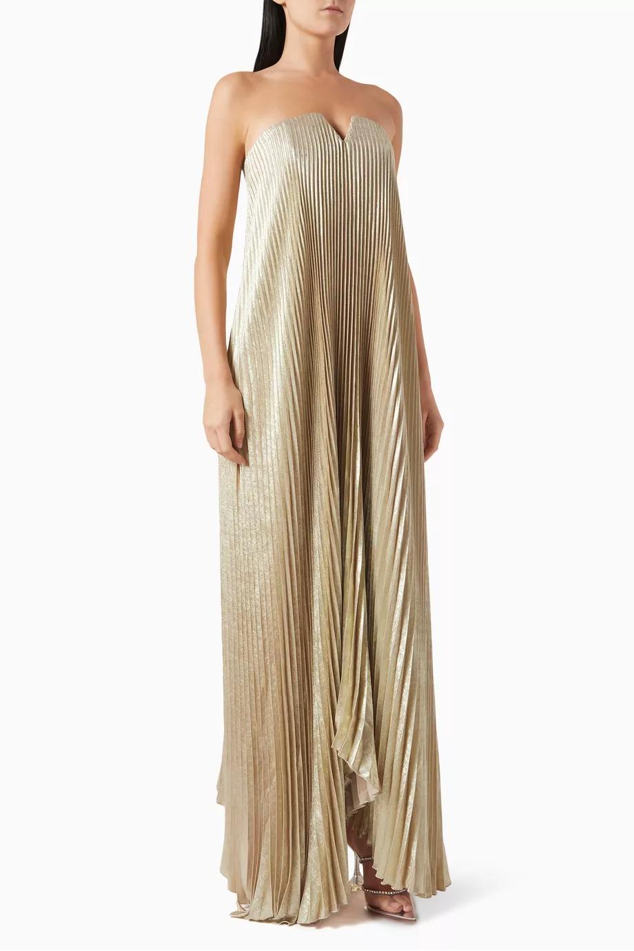 Celestia Strapless Pleated Evening Gown – Golden Elegance