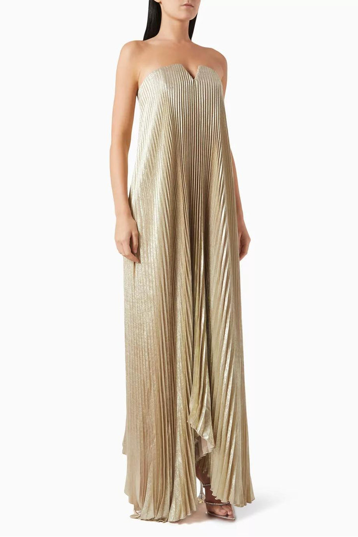 Celestia Strapless Pleated Evening Gown – Golden Elegance