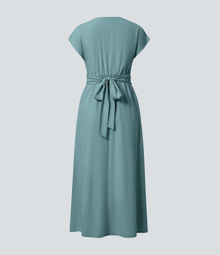 Elara Wrap Dress – Elegant Midi with V-Neckline & High Waist