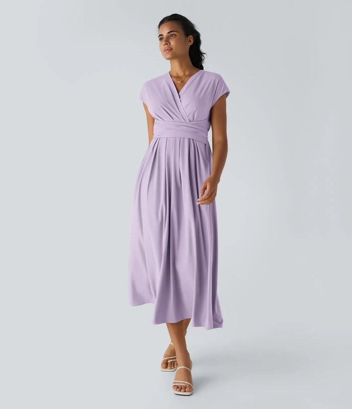 Elara Wrap Dress – Elegant Midi with V-Neckline & High Waist