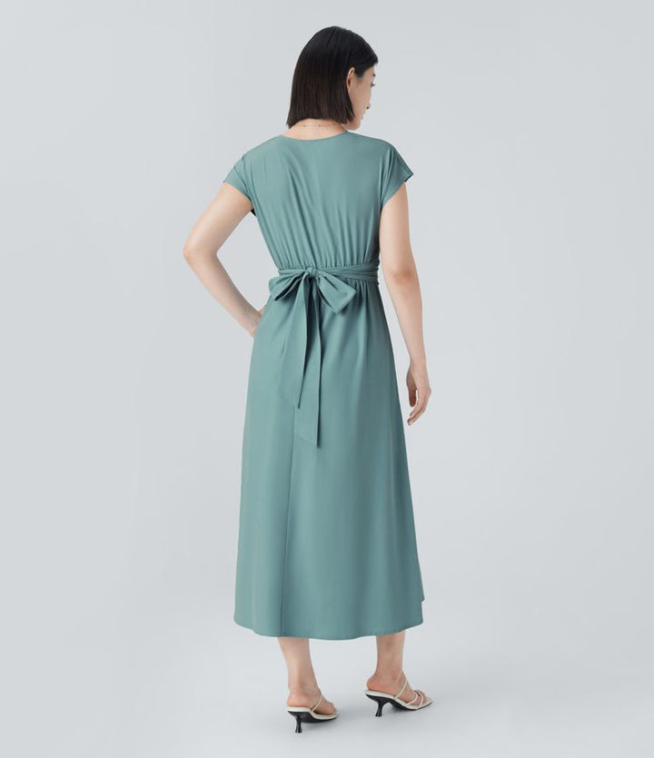 Elara Wrap Dress – Elegant Midi with V-Neckline & High Waist