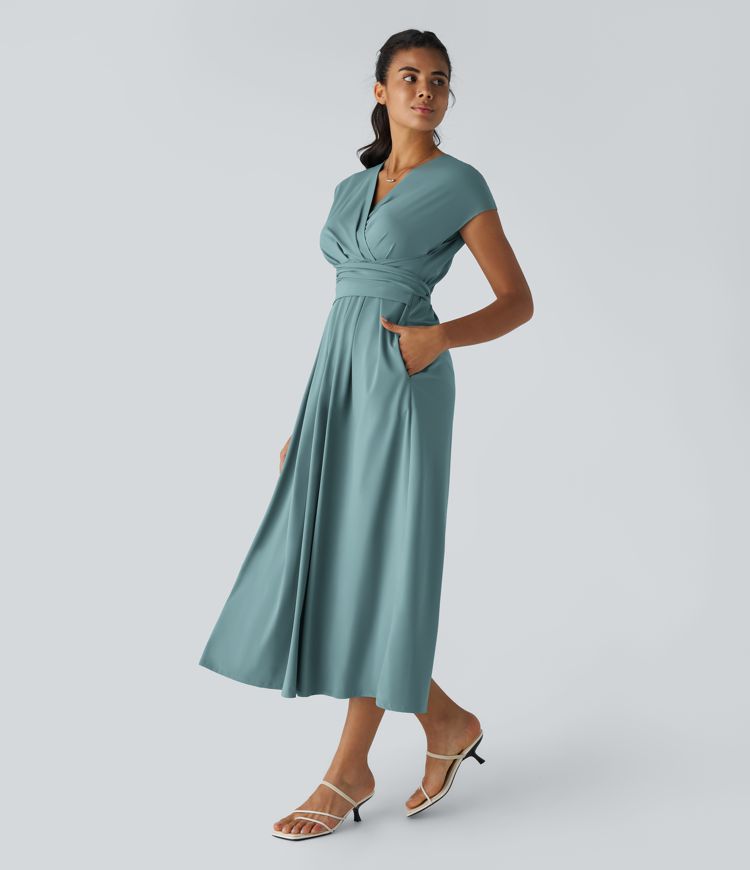 Elara Wrap Dress – Elegant Midi with V-Neckline & High Waist