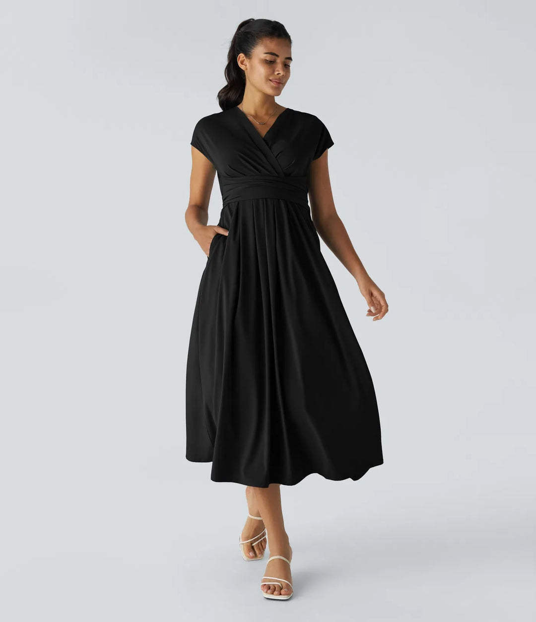 Elara Wrap Dress – Elegant Midi with V-Neckline & High Waist