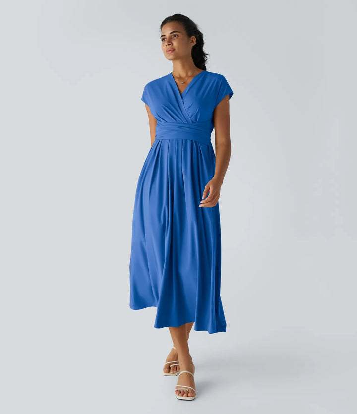 Elara Wrap Dress – Elegant Midi with V-Neckline & High Waist