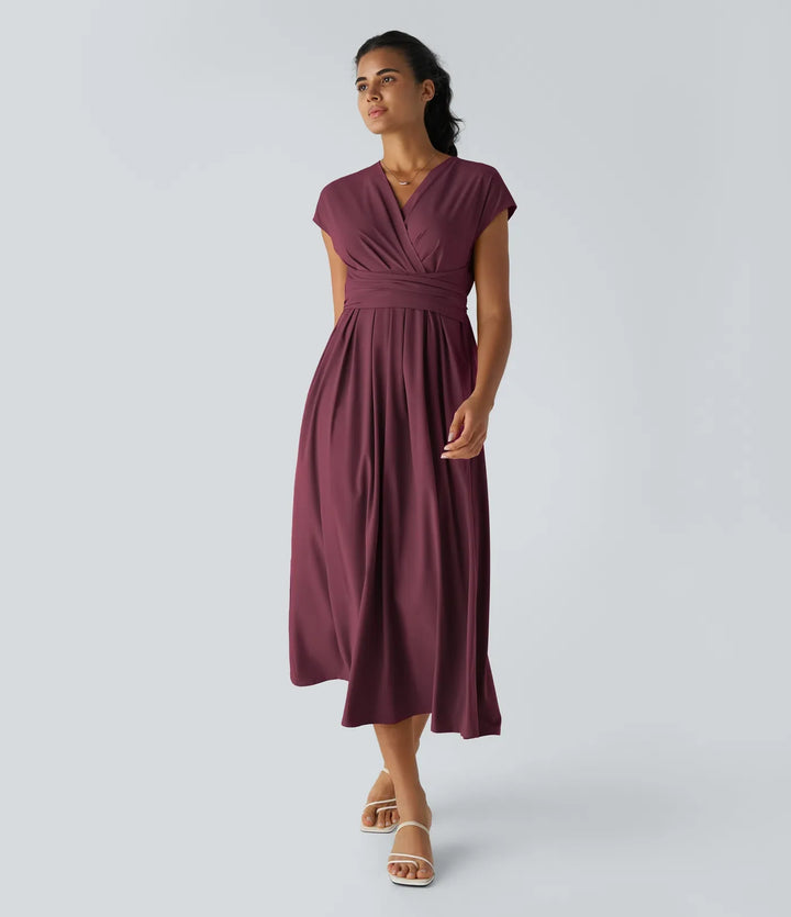 Elara Wrap Dress – Elegant Midi with V-Neckline & High Waist