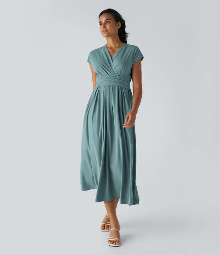 Elara Wrap Dress – Elegant Midi with V-Neckline & High Waist