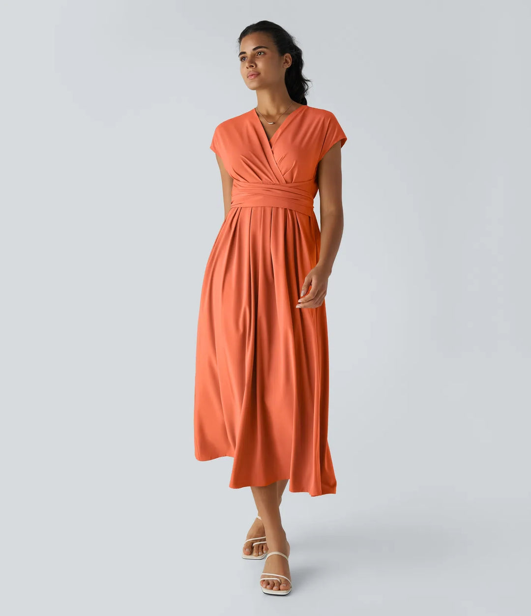 Elara Wrap Dress – Elegant Midi with V-Neckline & High Waist