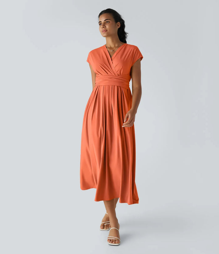 Elara Wrap Dress – Elegant Midi with V-Neckline & High Waist