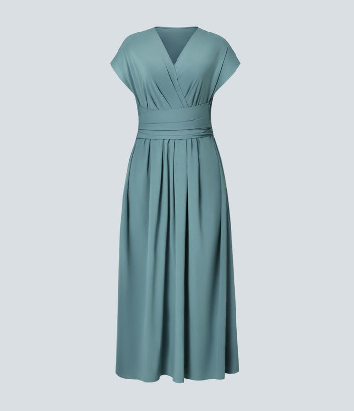 Elara Wrap Dress – Elegant Midi with V-Neckline & High Waist