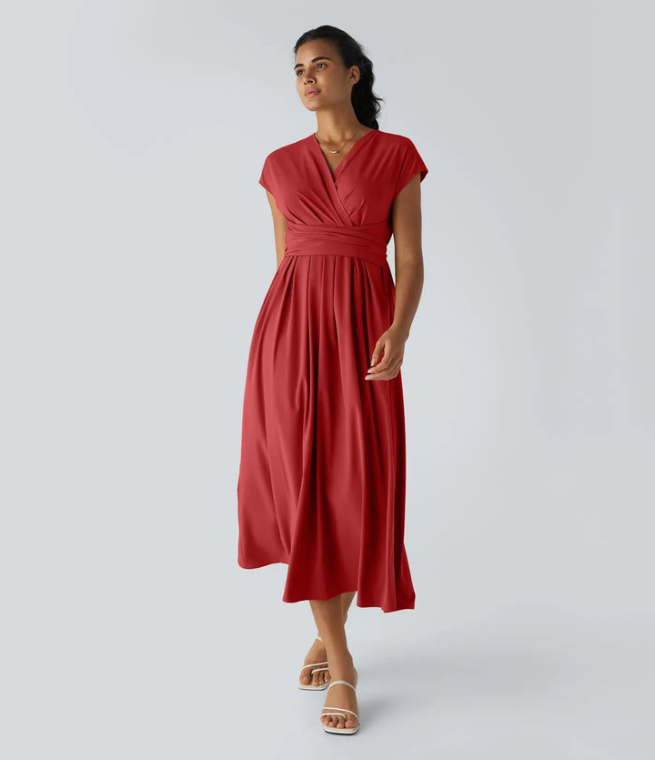 Elara Wrap Dress – Elegant Midi with V-Neckline & High Waist