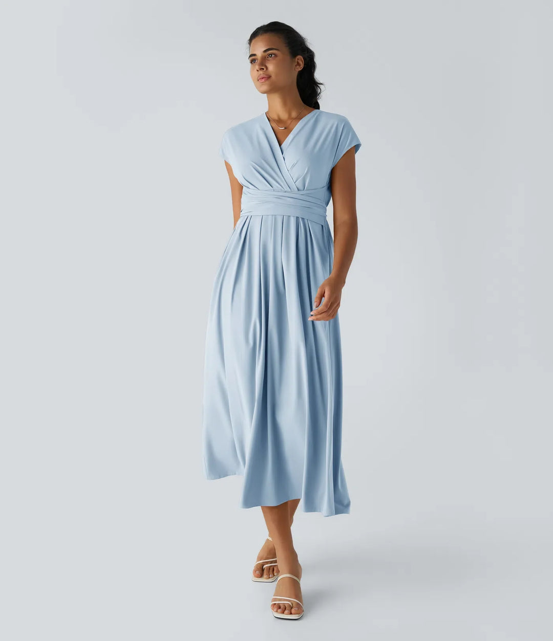 Elara Wrap Dress – Elegant Midi with V-Neckline & High Waist