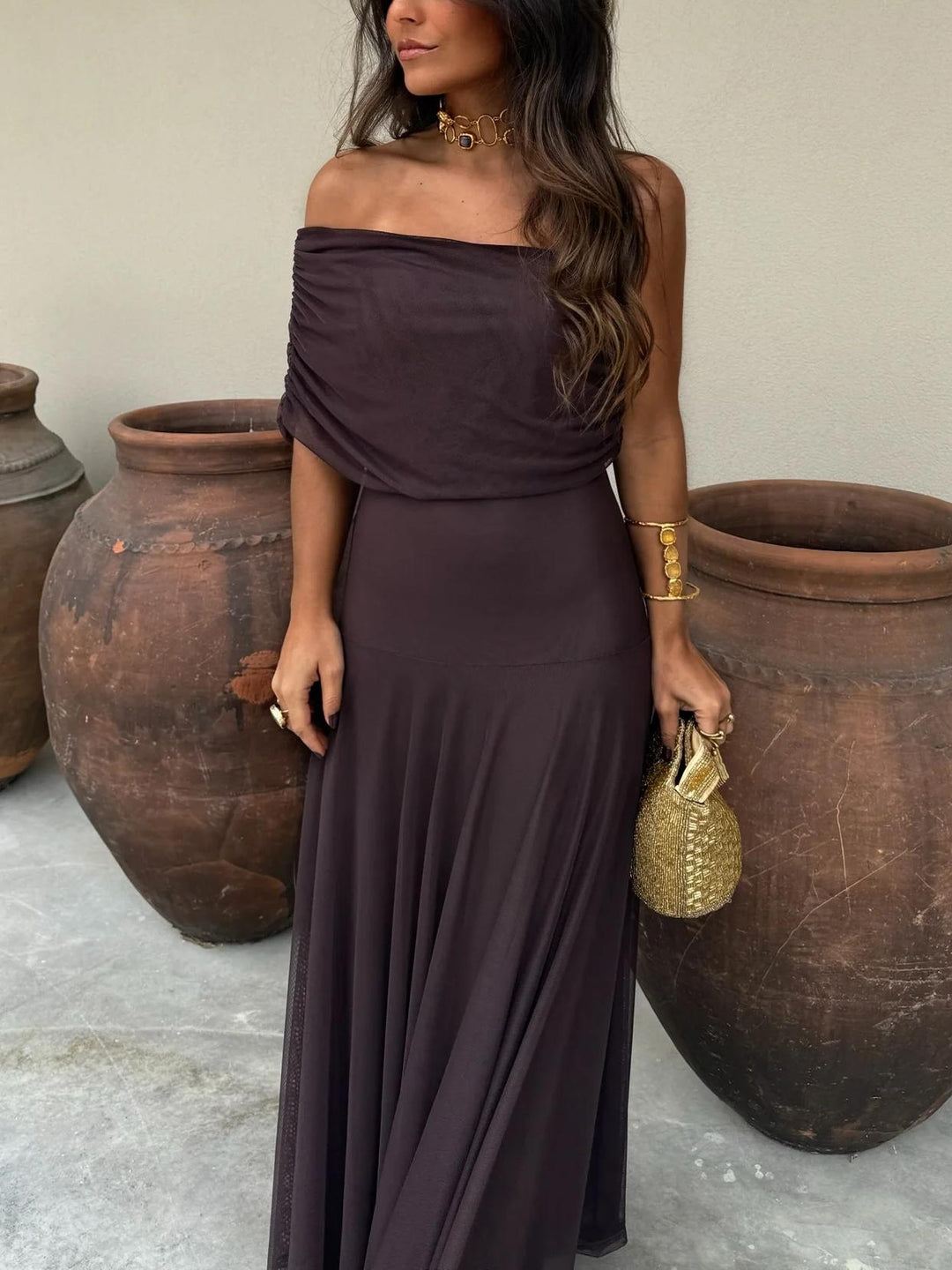 Alma Off-Shoulder Chiffon Maxi Dress