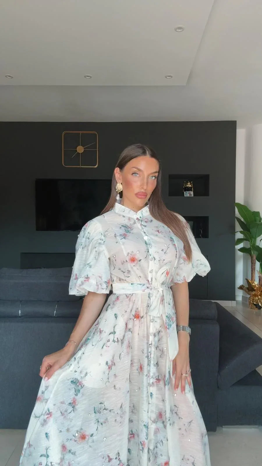 Estelle – Floral Midi Dress with Belt