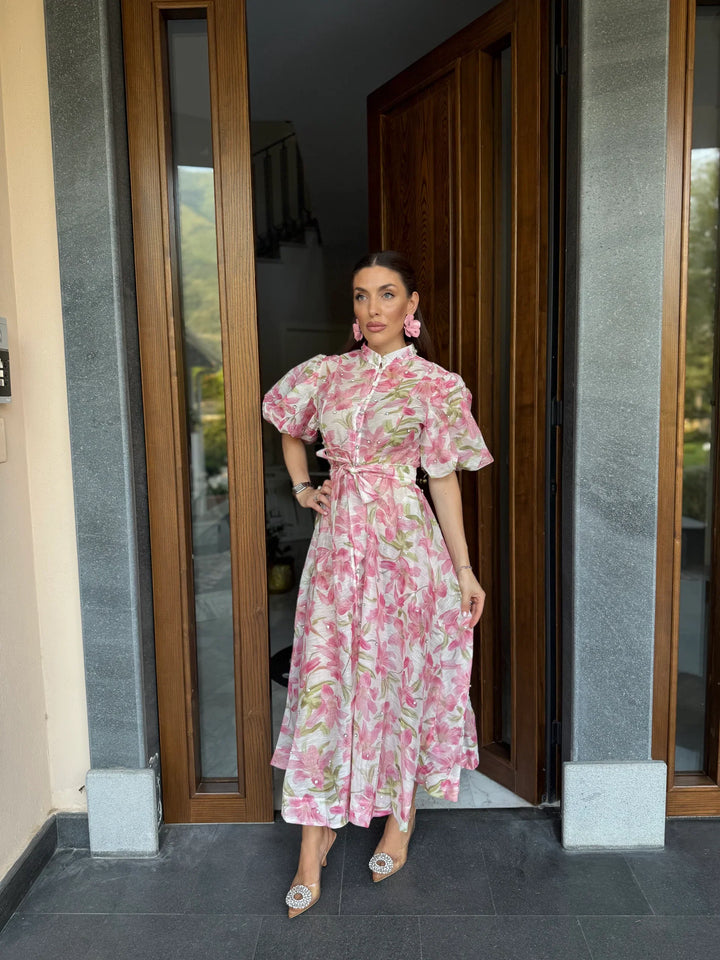 Estelle – Floral Midi Dress with Belt