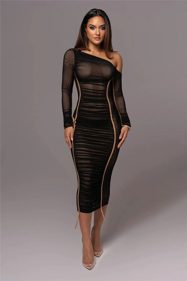 Olyssia | Mesh Ruched Elegance Midi Dress