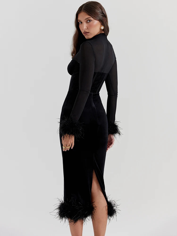 Lyriane | Feather-Trim Sheer Elegance Midi Dress