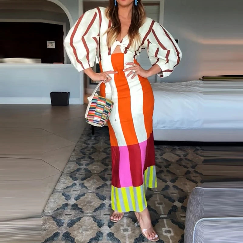 Riviera Stripes Puff Sleeve Maxi Dress