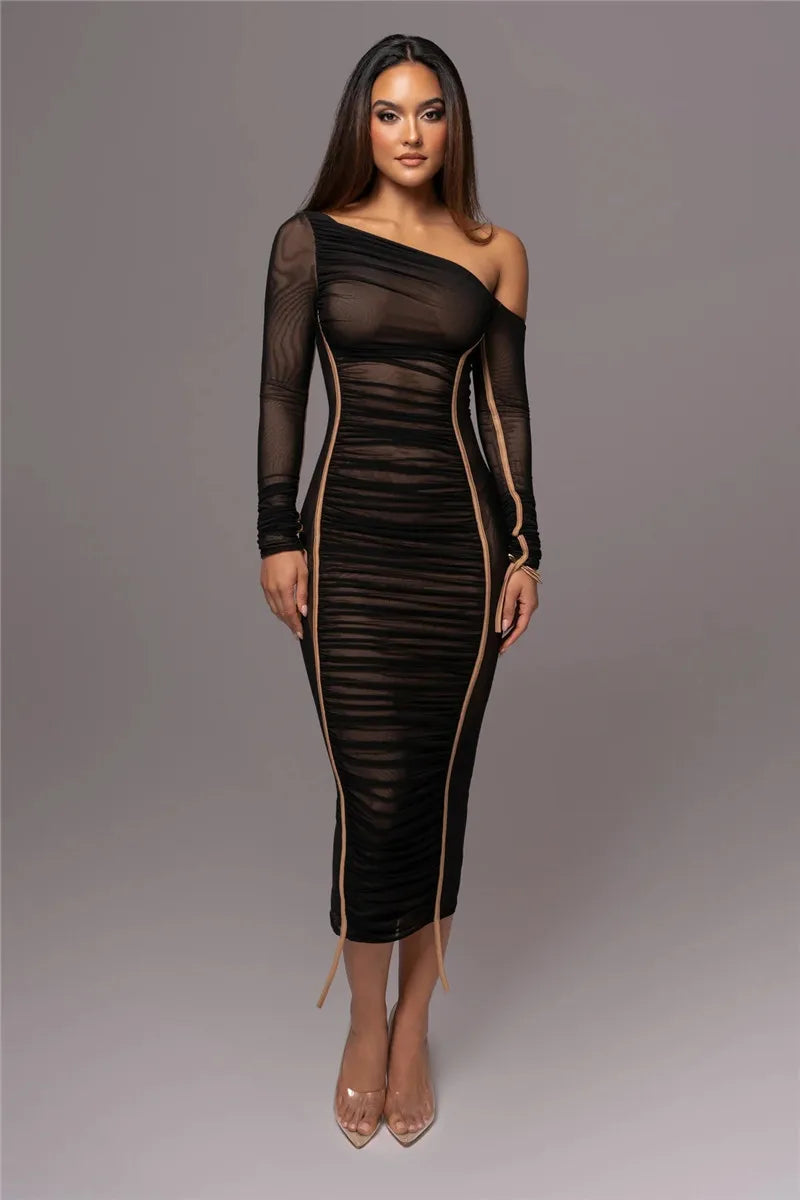 Olyssia | Mesh Ruched Elegance Midi Dress