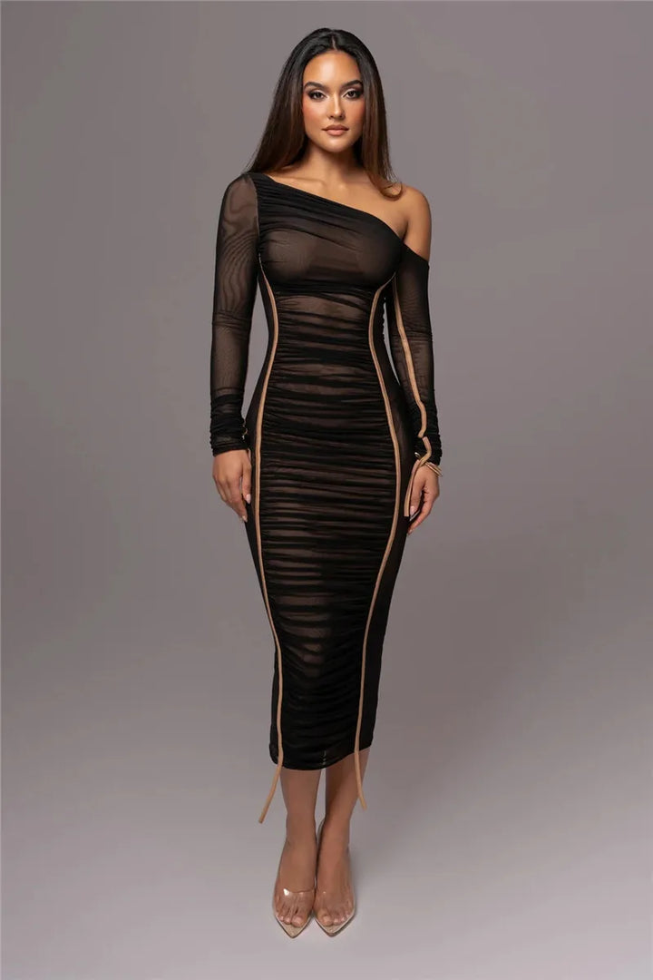 Olyssia | Mesh Ruched Elegance Midi Dress