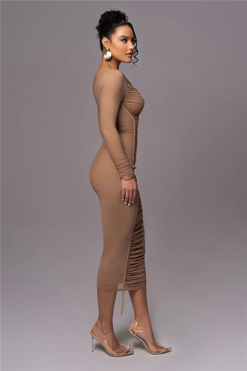 Olyssia | Mesh Ruched Elegance Midi Dress