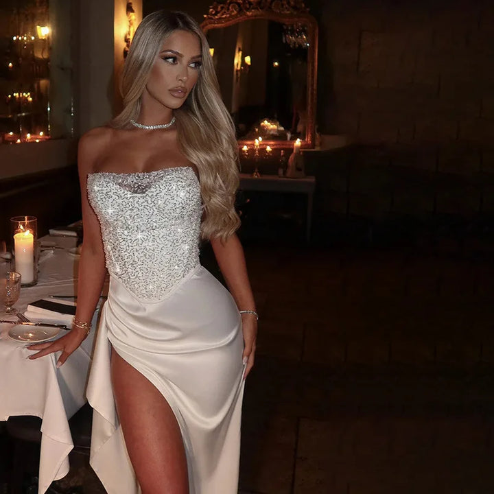 Ismeria | Beaded Satin Corset Maxi Dress
