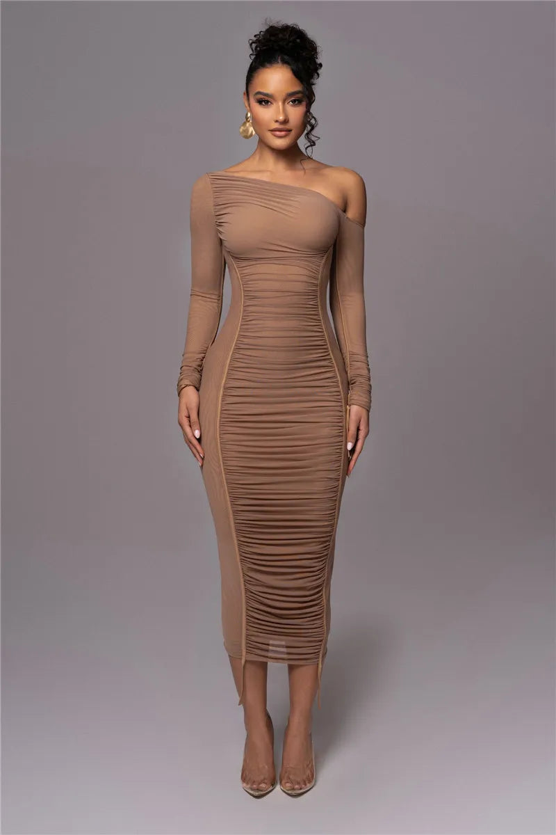 Olyssia | Mesh Ruched Elegance Midi Dress