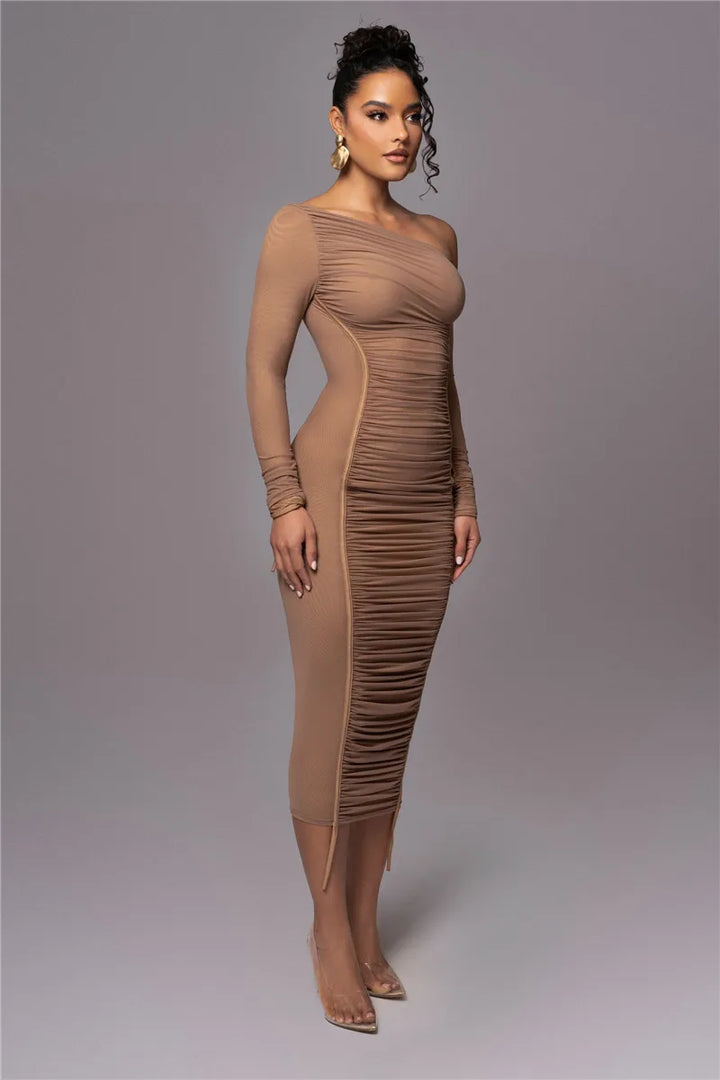 Olyssia | Mesh Ruched Elegance Midi Dress