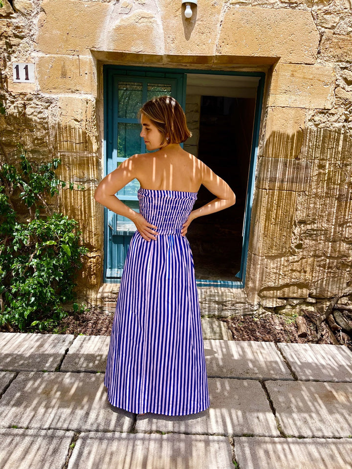 Lina – Strapless Striped Dress in Blue & Pink