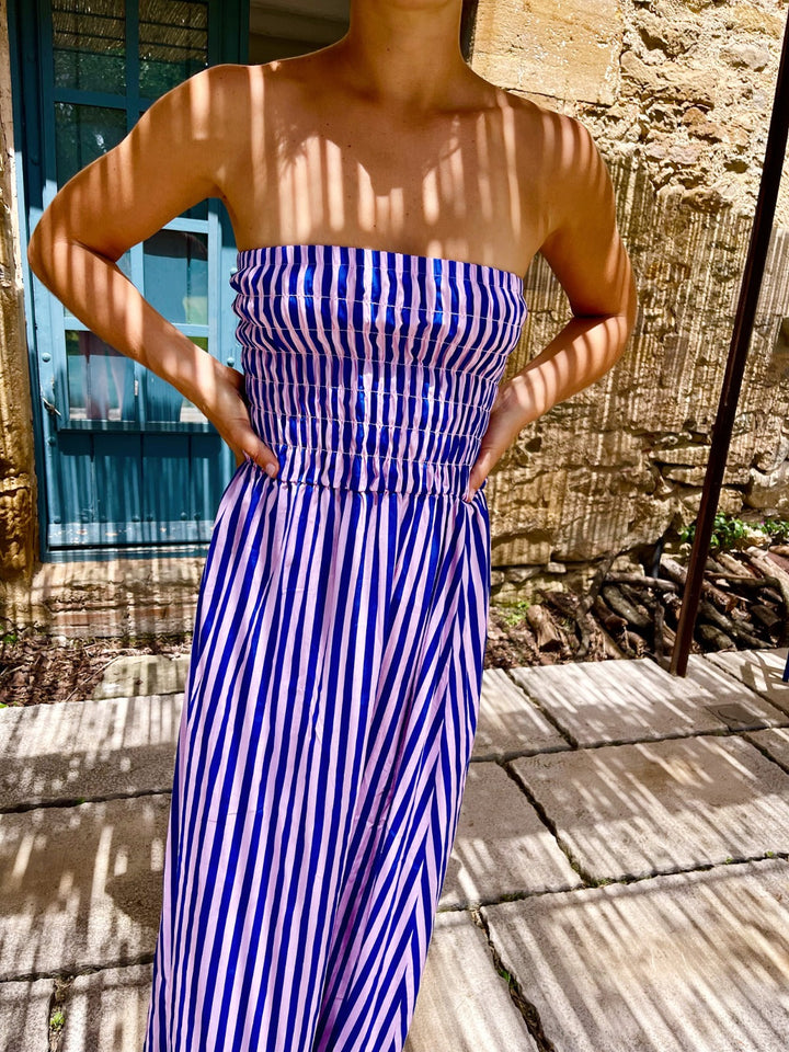 Lina – Strapless Striped Dress in Blue & Pink