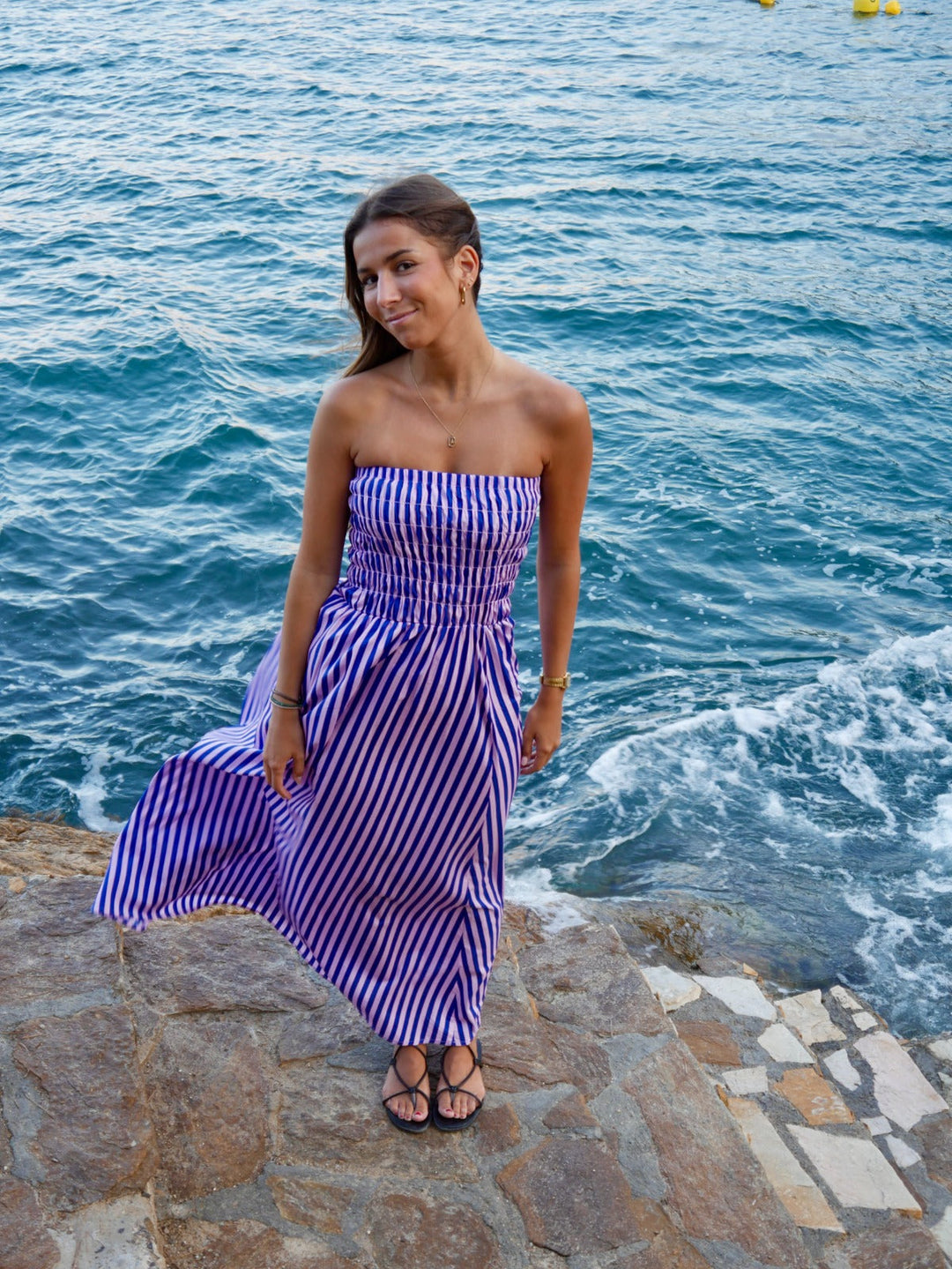 Lina – Strapless Striped Dress in Blue & Pink