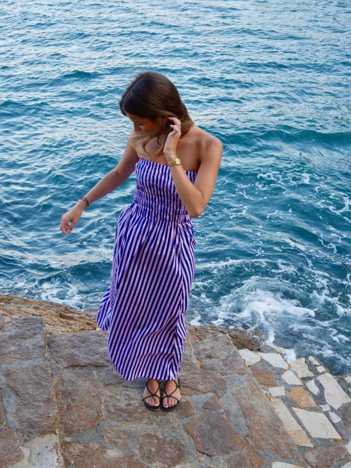 Lina – Strapless Striped Dress in Blue & Pink