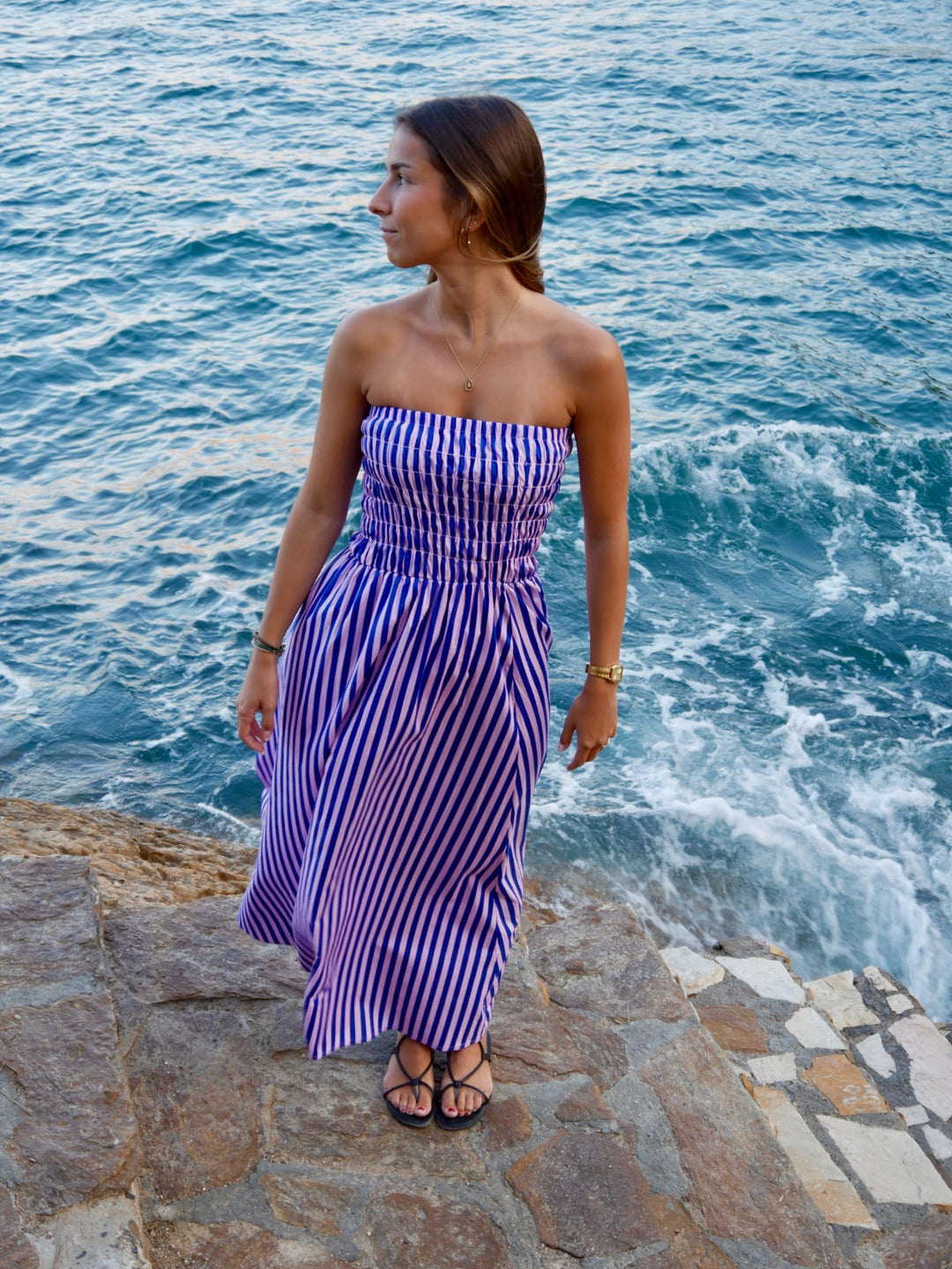Lina – Strapless Striped Dress in Blue & Pink