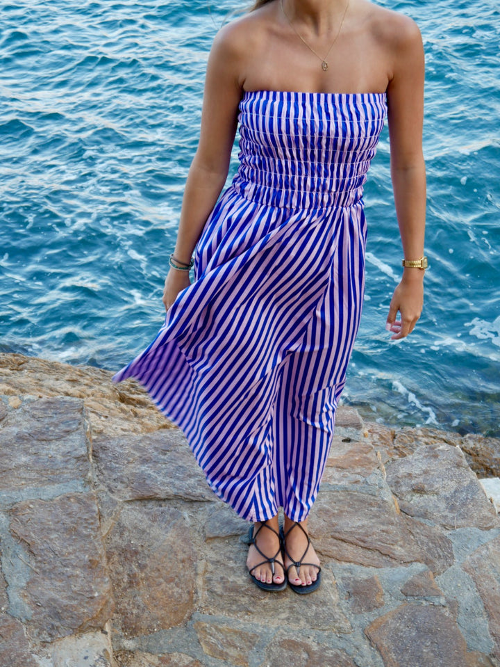 Lina – Strapless Striped Dress in Blue & Pink