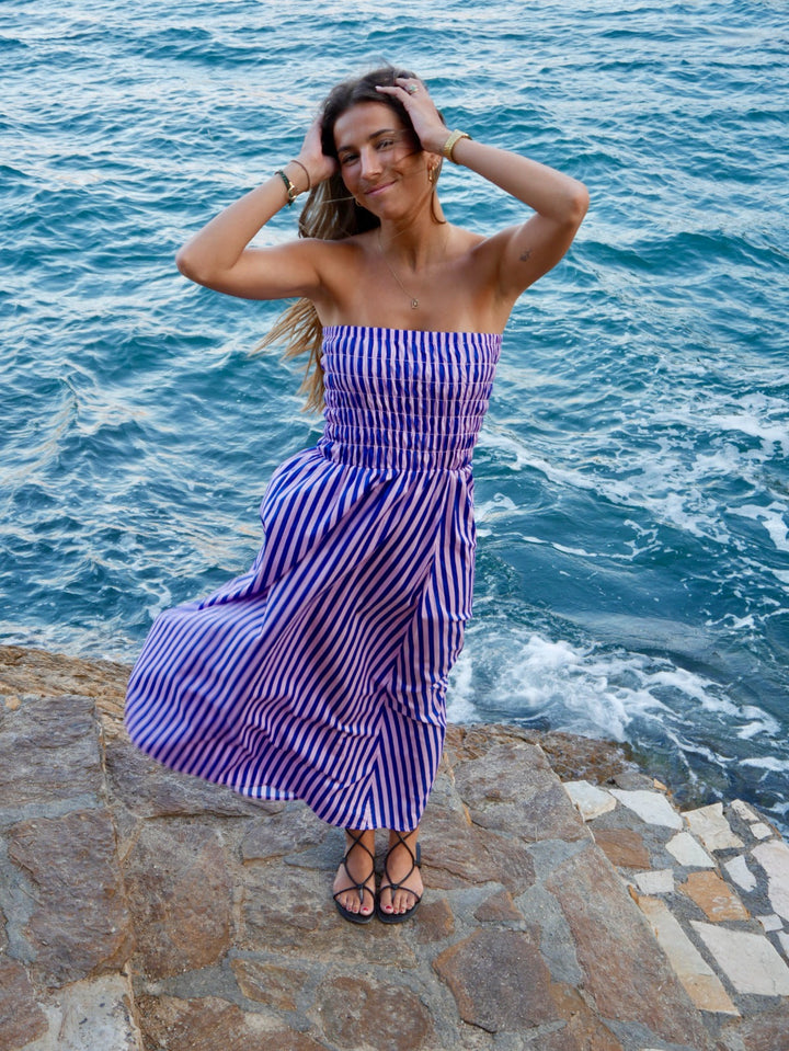Lina – Strapless Striped Dress in Blue & Pink