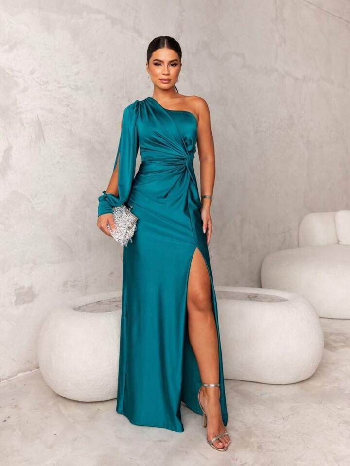 Aurelia One-Shoulder Satin Dress with Slit