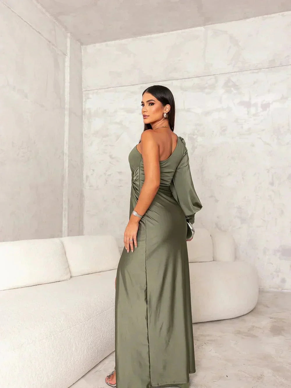 Aurelia One-Shoulder Satin Dress with Slit