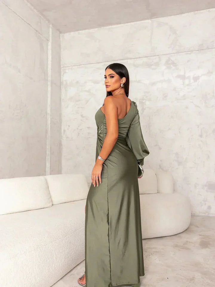 Aurelia One-Shoulder Satin Dress with Slit